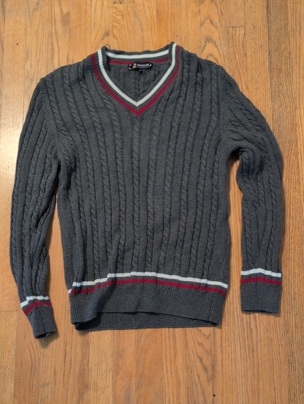 Men's Cable V-Neck Sweater in Gray with Red & White Trim